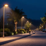 A photograph of a well-lit outdoor lighting installation showcasing various safety features