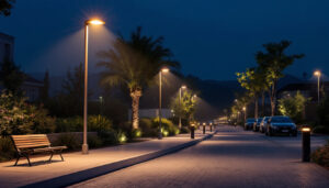 A photograph of a well-lit outdoor lighting installation showcasing various safety features