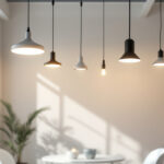 A photograph of a modern lighting installation in a well-designed interior space