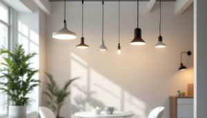 A photograph of a modern lighting installation in a well-designed interior space