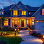 A photograph of a beautifully lit front yard at dusk