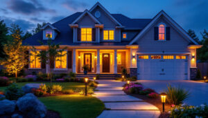 A photograph of a beautifully lit front yard at dusk