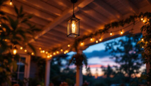 A photograph of a beautifully designed porch ceiling light in a cozy outdoor setting