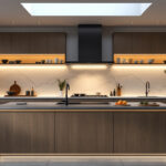 A photograph of a beautifully designed island kitchen featuring modern lighting fixtures that highlight the workspace