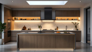 A photograph of a beautifully designed island kitchen featuring modern lighting fixtures that highlight the workspace