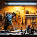 A photograph of a well-lit workspace featuring a 4-foot led shop light in use