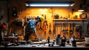A photograph of a well-lit workspace featuring a 4-foot led shop light in use