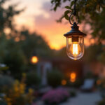 A photograph of a stylish outdoor lamp hanging elegantly in a beautifully landscaped garden or patio setting