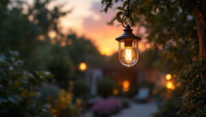 A photograph of a stylish outdoor lamp hanging elegantly in a beautifully landscaped garden or patio setting