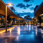 A photograph of a modern urban landscape illuminated by innovative smart lighting solutions