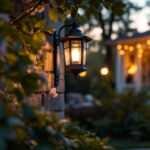 A photograph of a lighting contractor installing a solar lantern in a residential outdoor setting