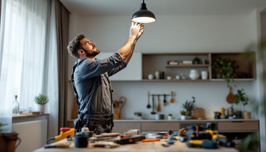 A photograph of a lighting contractor expertly installing a ceiling light bracket in a modern home setting