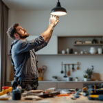 A photograph of a lighting contractor expertly installing a ceiling light bracket in a modern home setting