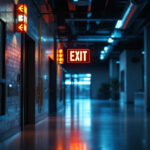 A photograph of a well-lit exit sign in a commercial building setting