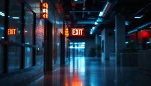 A photograph of a well-lit exit sign in a commercial building setting
