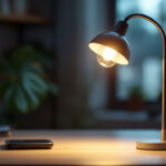 A photograph of a stylish gooseneck lamp with a glass shade