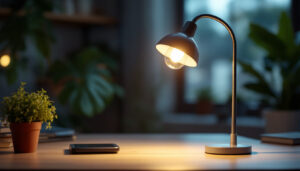 A photograph of a stylish gooseneck lamp with a glass shade