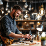 A photograph of a skilled lighting contractor at work in a phoenix lighting store