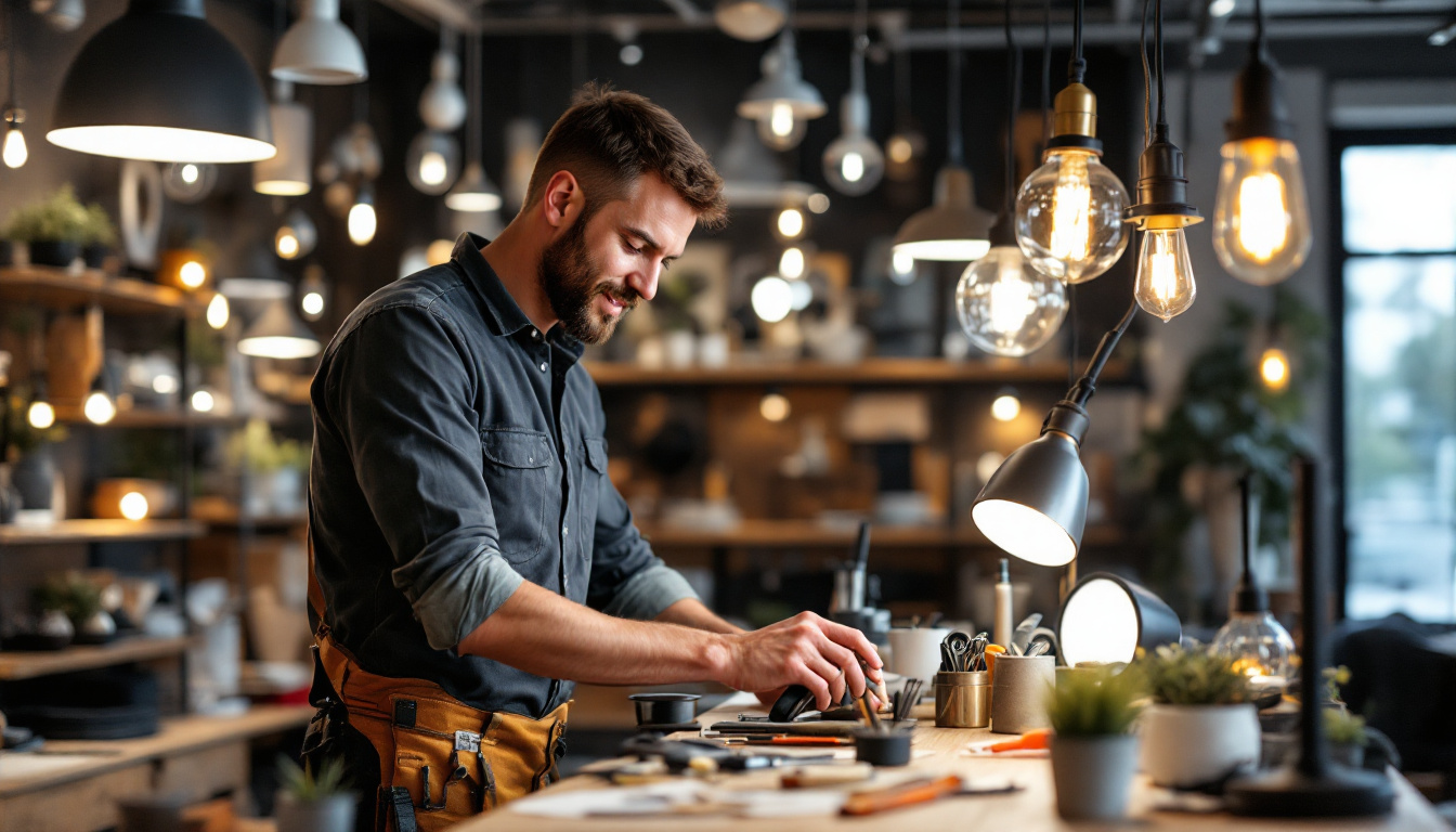 A photograph of a skilled lighting contractor at work in a phoenix lighting store