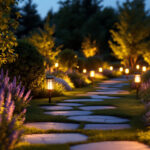 A photograph of a beautifully landscaped garden at dusk