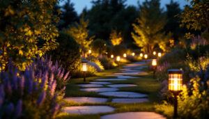 A photograph of a beautifully landscaped garden at dusk