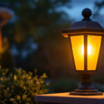 A photograph of a beautifully illuminated low voltage post lantern in a residential setting