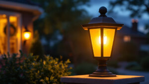 A photograph of a beautifully illuminated low voltage post lantern in a residential setting