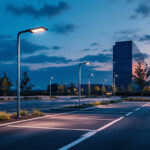 A photograph of a well-lit parking lot at dusk