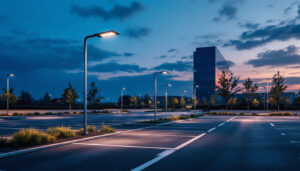 A photograph of a well-lit parking lot at dusk