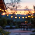 A photograph of a beautifully lit outdoor space adorned with solar-powered led string lights