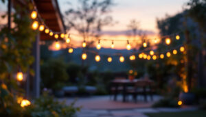 A photograph of a beautifully lit outdoor space adorned with solar-powered led string lights