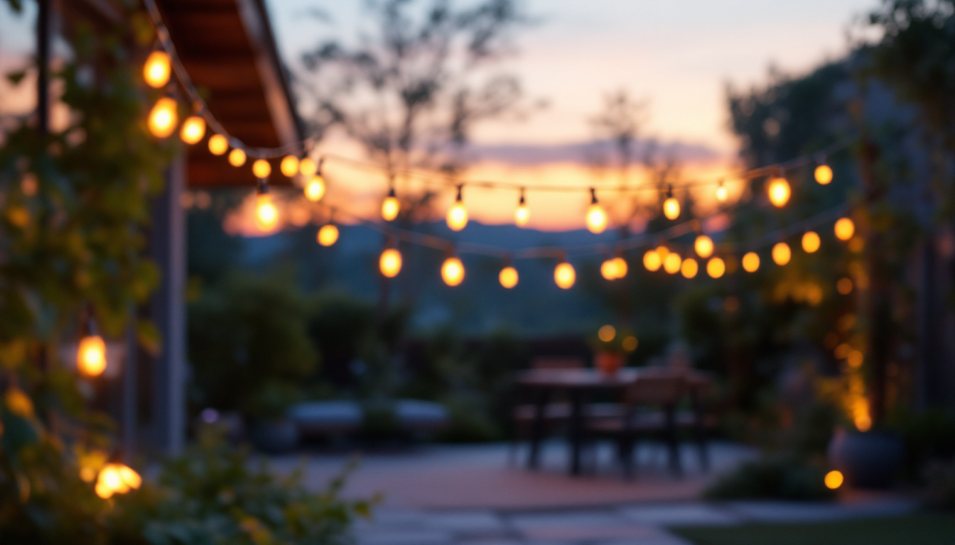 A photograph of a beautifully lit outdoor space adorned with solar-powered led string lights