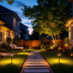 A photograph of a beautifully illuminated backyard at dusk