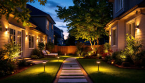 A photograph of a beautifully illuminated backyard at dusk