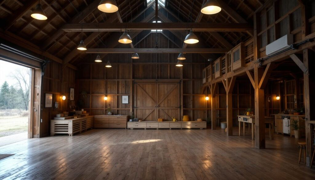 A photograph of a well-lit barn interior showcasing modern electric lighting installations
