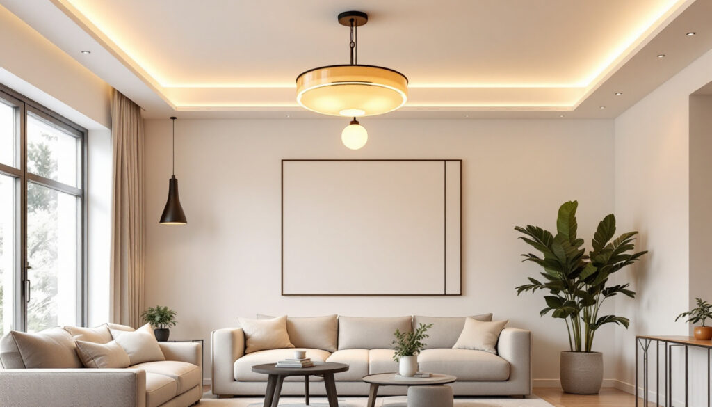 A photograph of a beautifully designed living room featuring a stylish ceiling light fixture that highlights the space's ambiance