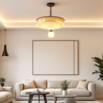 A photograph of a beautifully designed living room featuring a stylish ceiling light fixture that highlights the space's ambiance