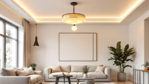 A photograph of a beautifully designed living room featuring a stylish ceiling light fixture that highlights the space's ambiance