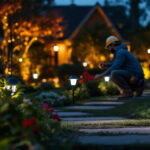 A photograph of a beautifully illuminated garden at dusk