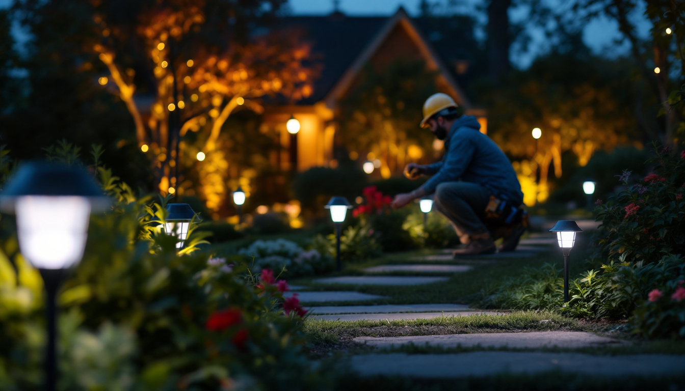 A photograph of a beautifully illuminated garden at dusk