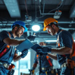 A photograph of a team of electricians or lighting technicians collaboratively working on a led lighting installation