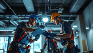 A photograph of a team of electricians or lighting technicians collaboratively working on a led lighting installation