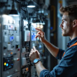 A photograph of a lighting contractor examining a modern switchboard with various smart switches and lighting controls