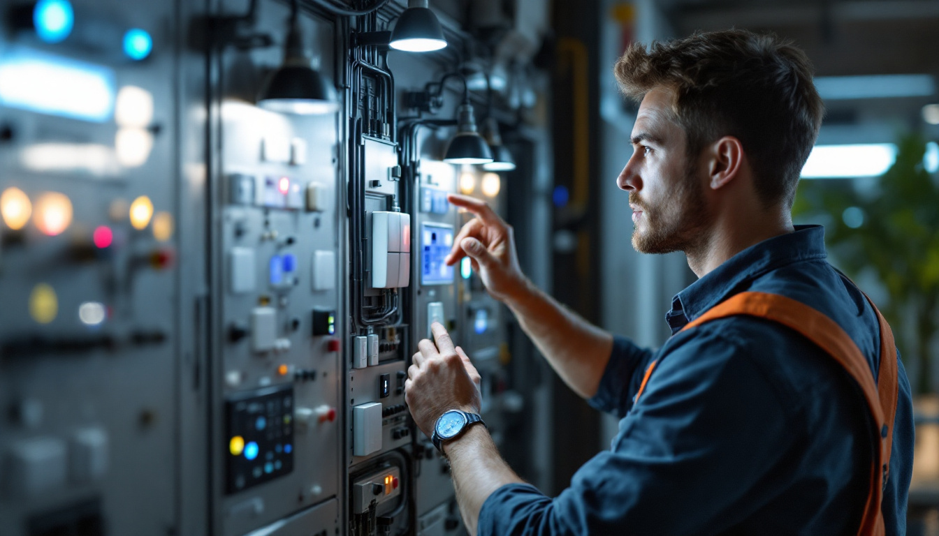 A photograph of a lighting contractor examining a modern switchboard with various smart switches and lighting controls