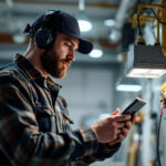 A photograph of a skilled lighting contractor examining and installing an electrical ballast in a well-lit workspace