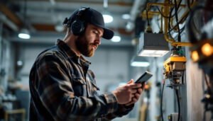 A photograph of a skilled lighting contractor examining and installing an electrical ballast in a well-lit workspace