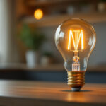 A photograph of a stylishly arranged four prong light bulb in a well-lit setting