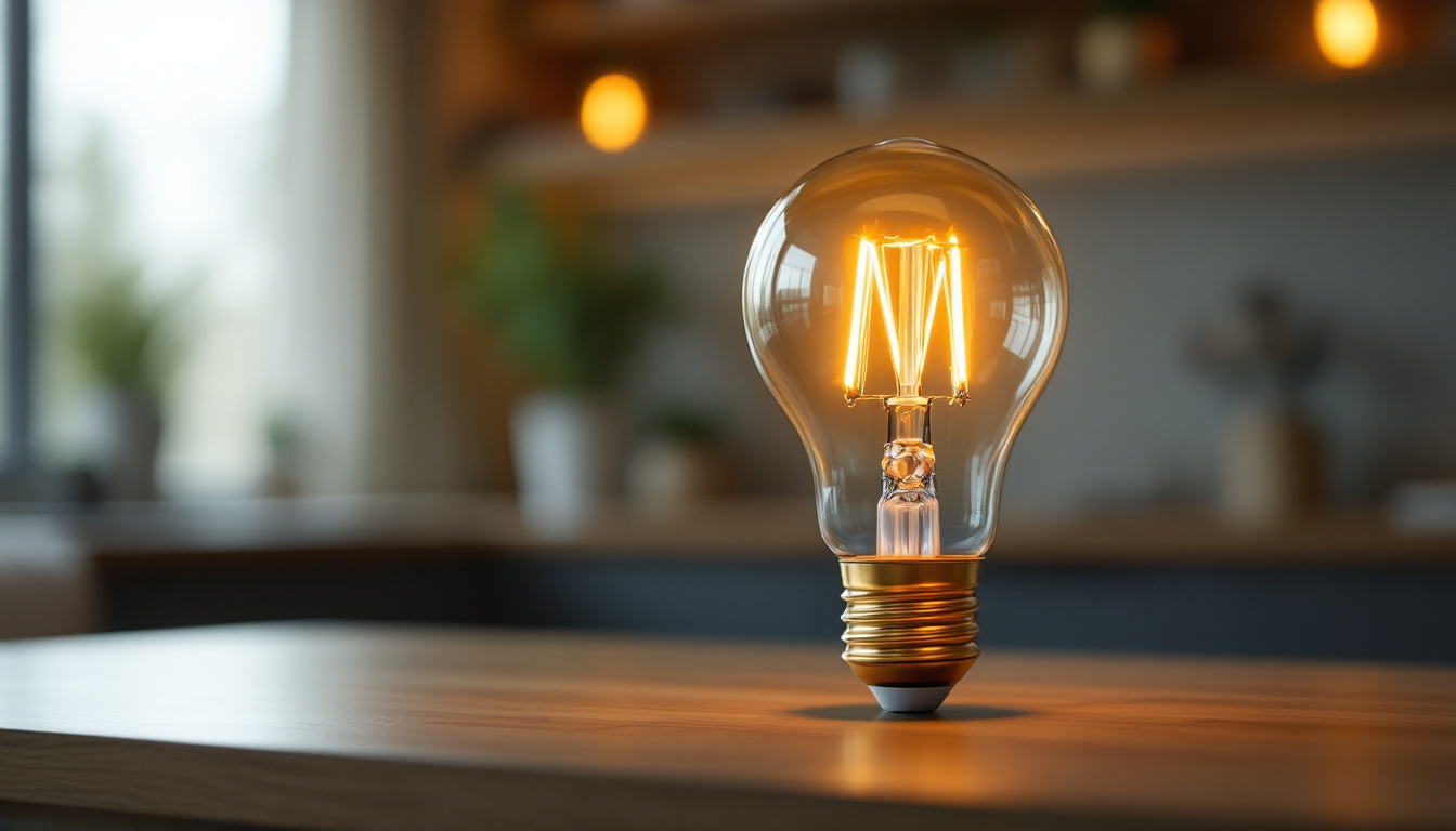 A photograph of a stylishly arranged four prong light bulb in a well-lit setting