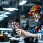 A photograph of a lighting contractor in action