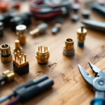 A photograph of a close-up of various landscape wire connectors arranged aesthetically on a wooden surface